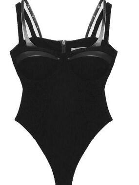 Maniere De Voir Twin Strap Ribbed Bodysuit Black